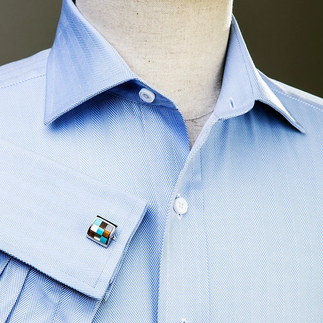 Light Blue Herringbone Formal Business Dress Shirt in French Double Cuffs