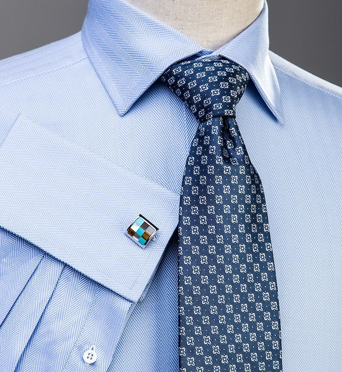 Light Blue Herringbone Formal Business Dress Shirt in French Double Cuffs