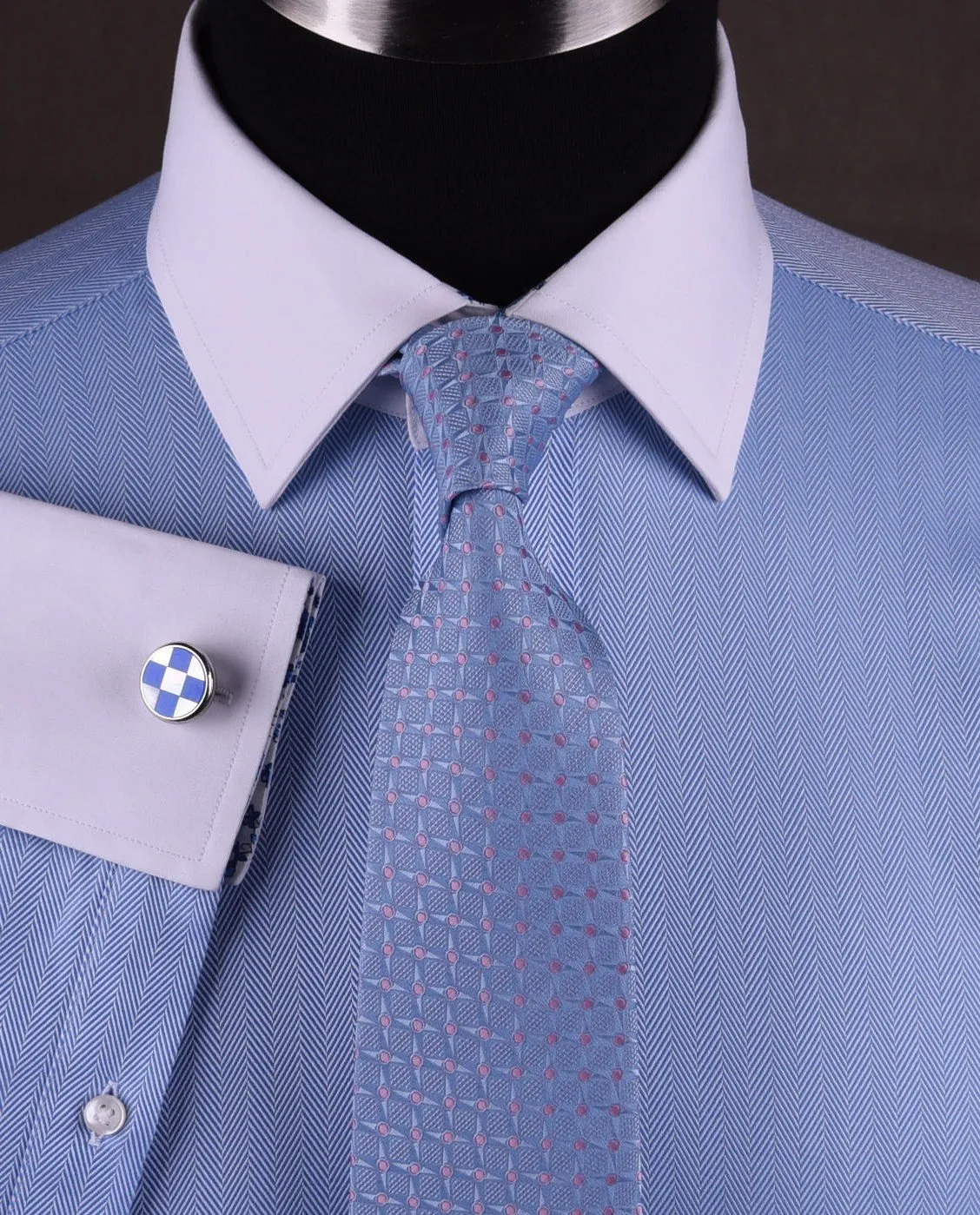 Light Blue Luxury Herringbone White Collar White Cuff Formal Business Dress Shirt with Paisleys