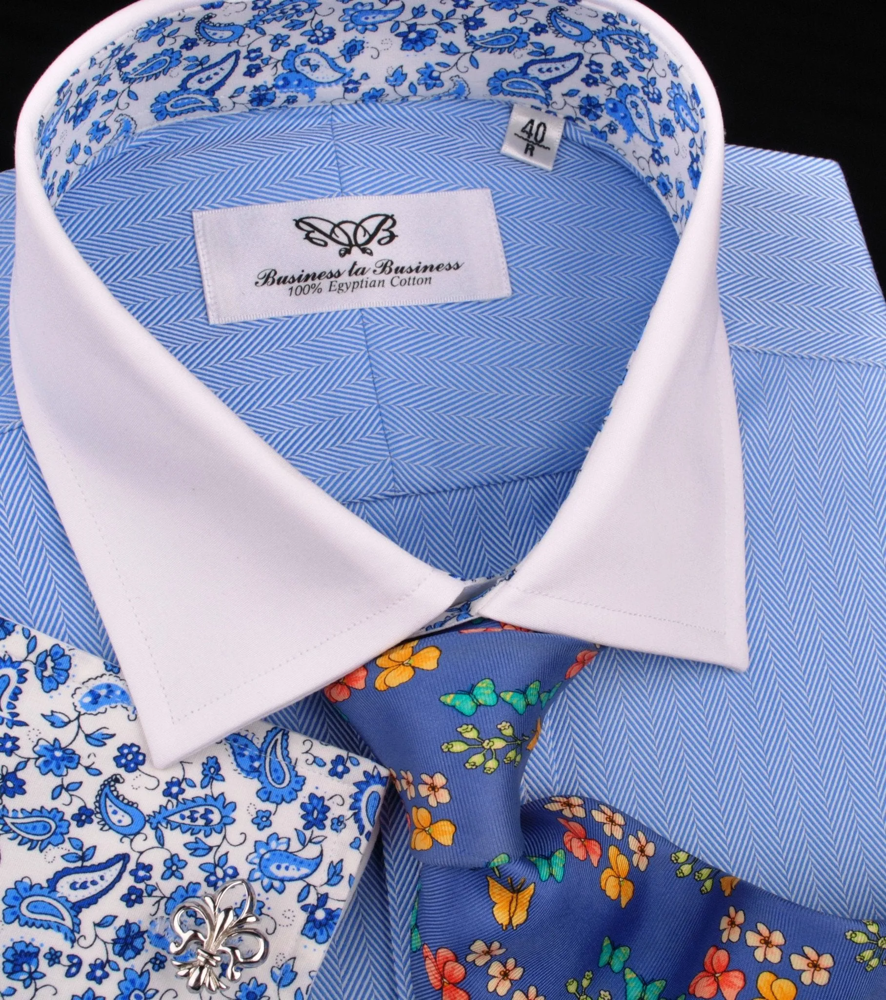 Light Blue Luxury Herringbone White Collar White Cuff Formal Business Dress Shirt with Paisleys