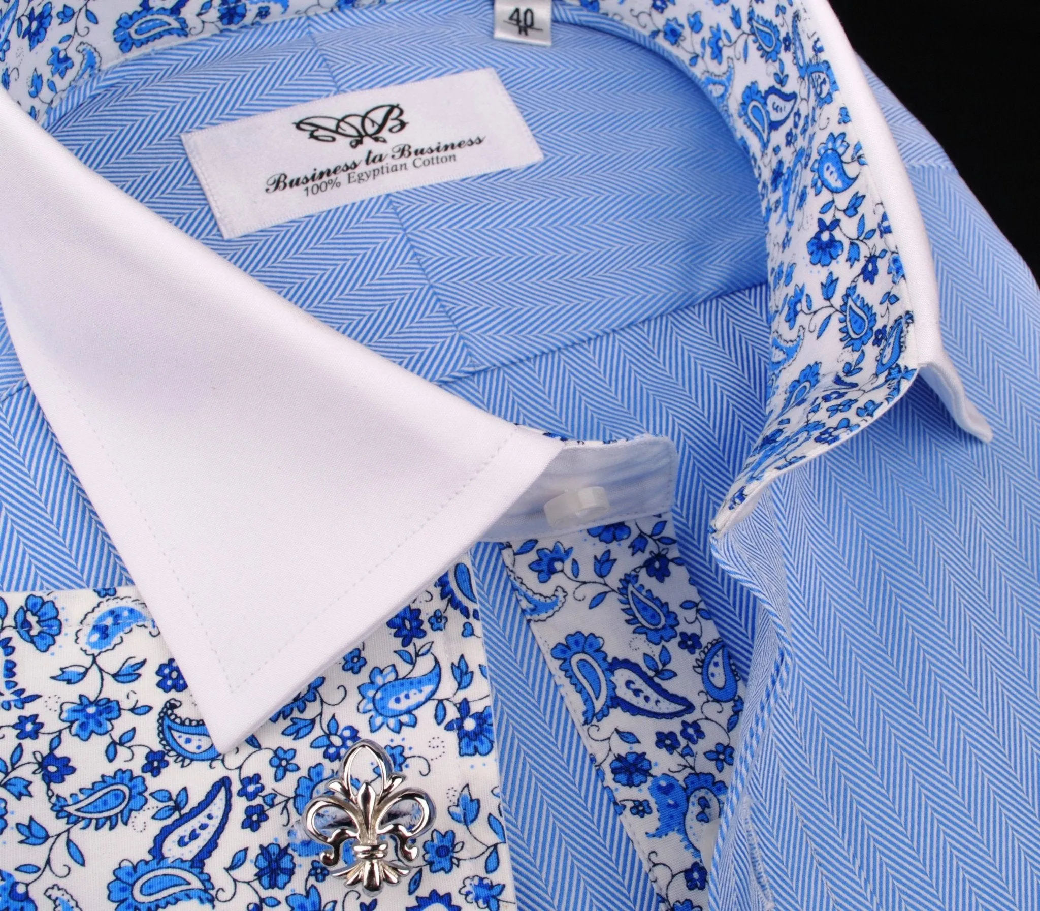 Light Blue Luxury Herringbone White Collar White Cuff Formal Business Dress Shirt with Paisleys