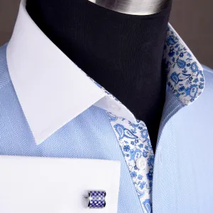 Light Blue Luxury Herringbone White Collar White Cuff Formal Business Dress Shirt with Paisleys