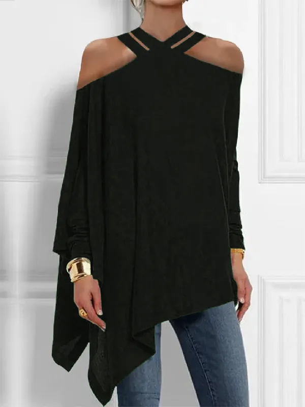 Loose Asymmetric Hollow Solid Color Cold Shoulder Blouse