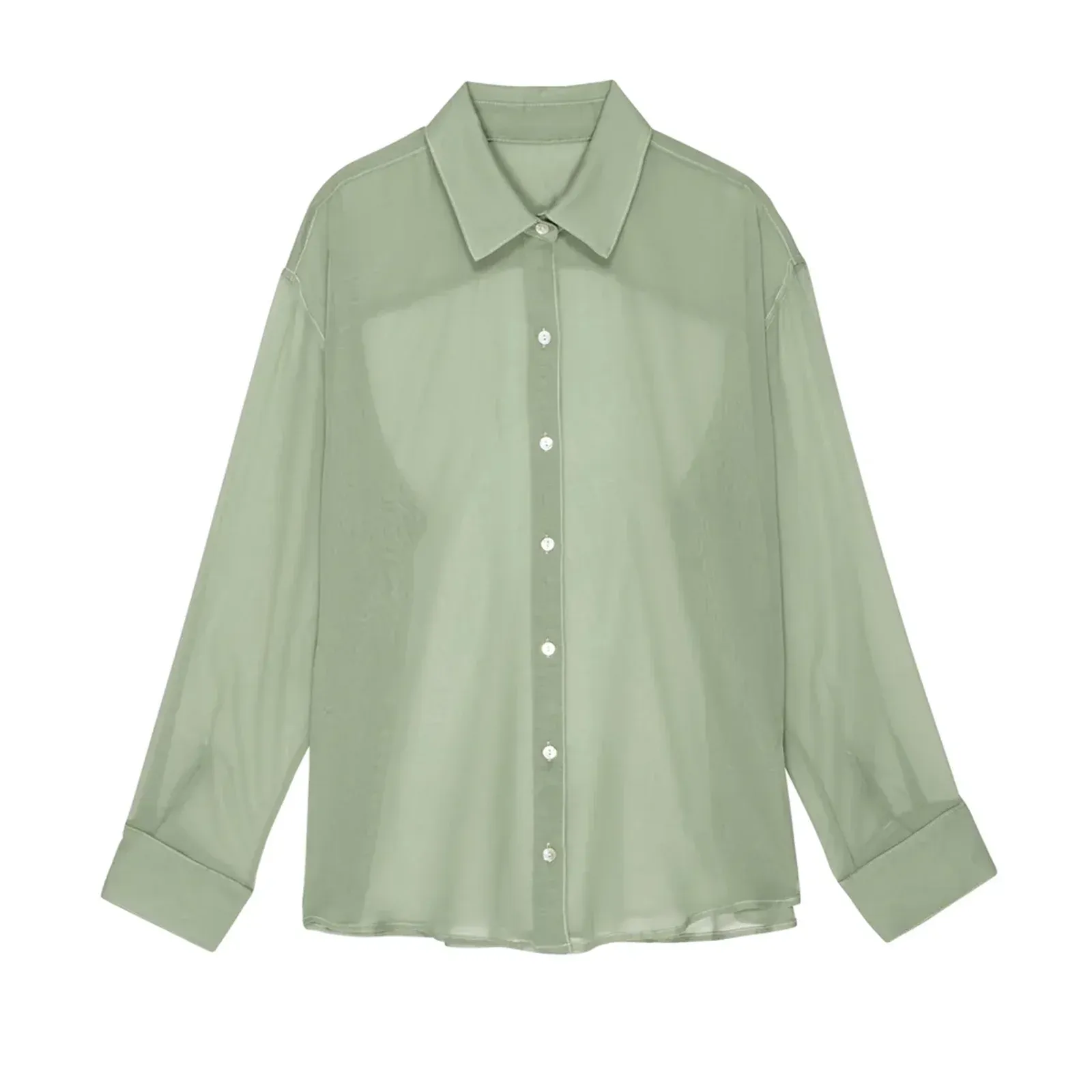 Mesh Long Sleeve See-Through Loose Lapel Collar Button Down Sheer Blouse