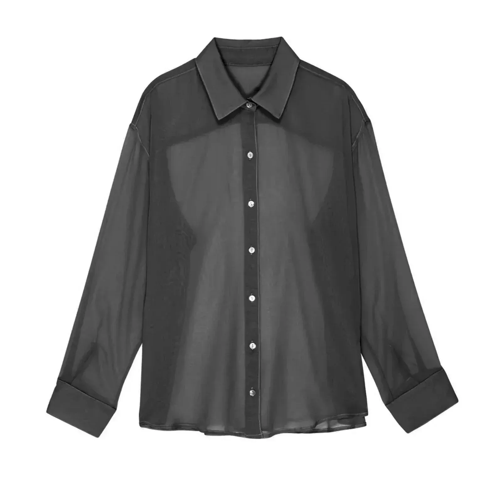 Mesh Long Sleeve See-Through Loose Lapel Collar Button Down Sheer Blouse