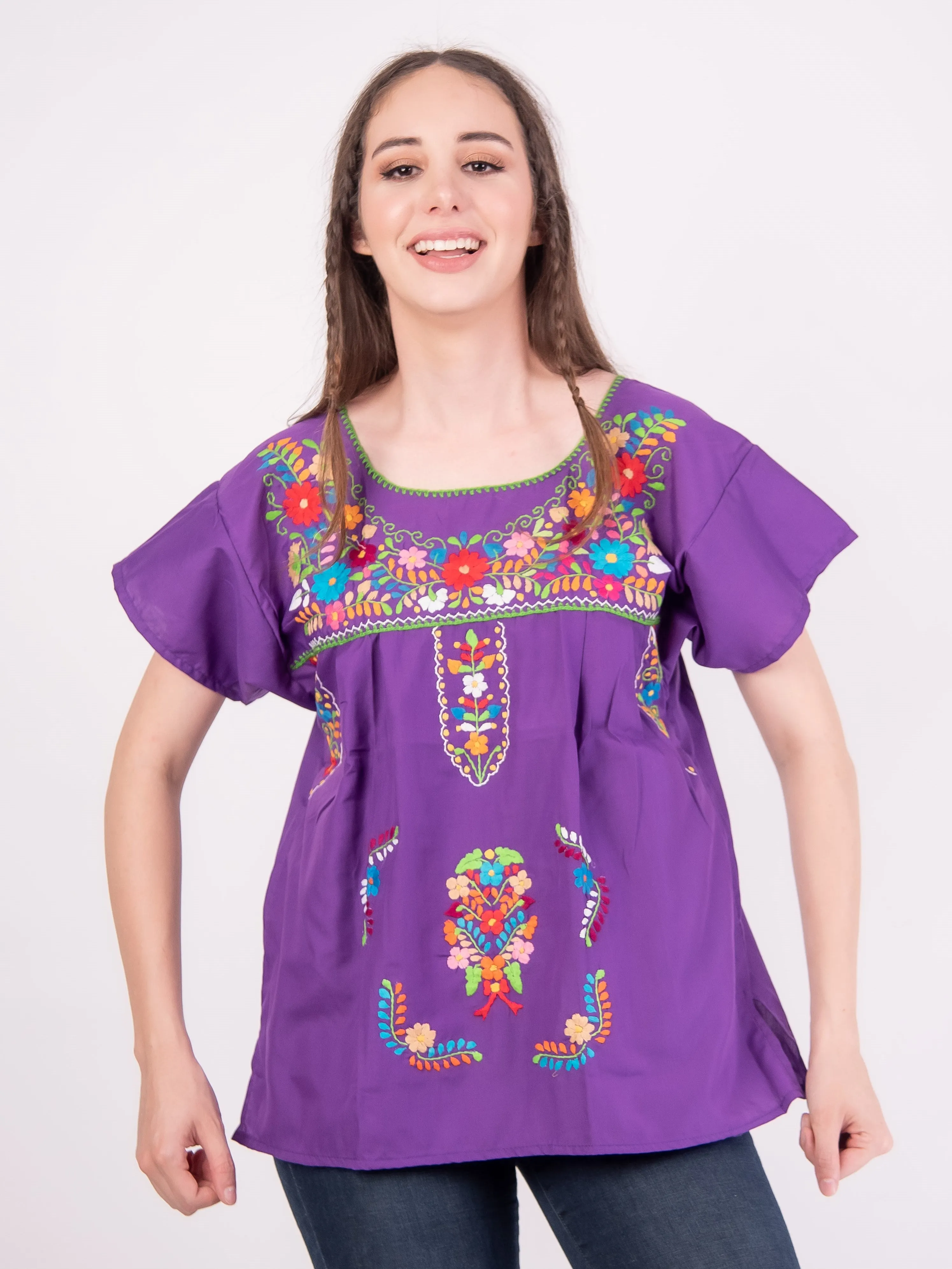 Mexican Tehuacan Full Embroidered Blouse Purple