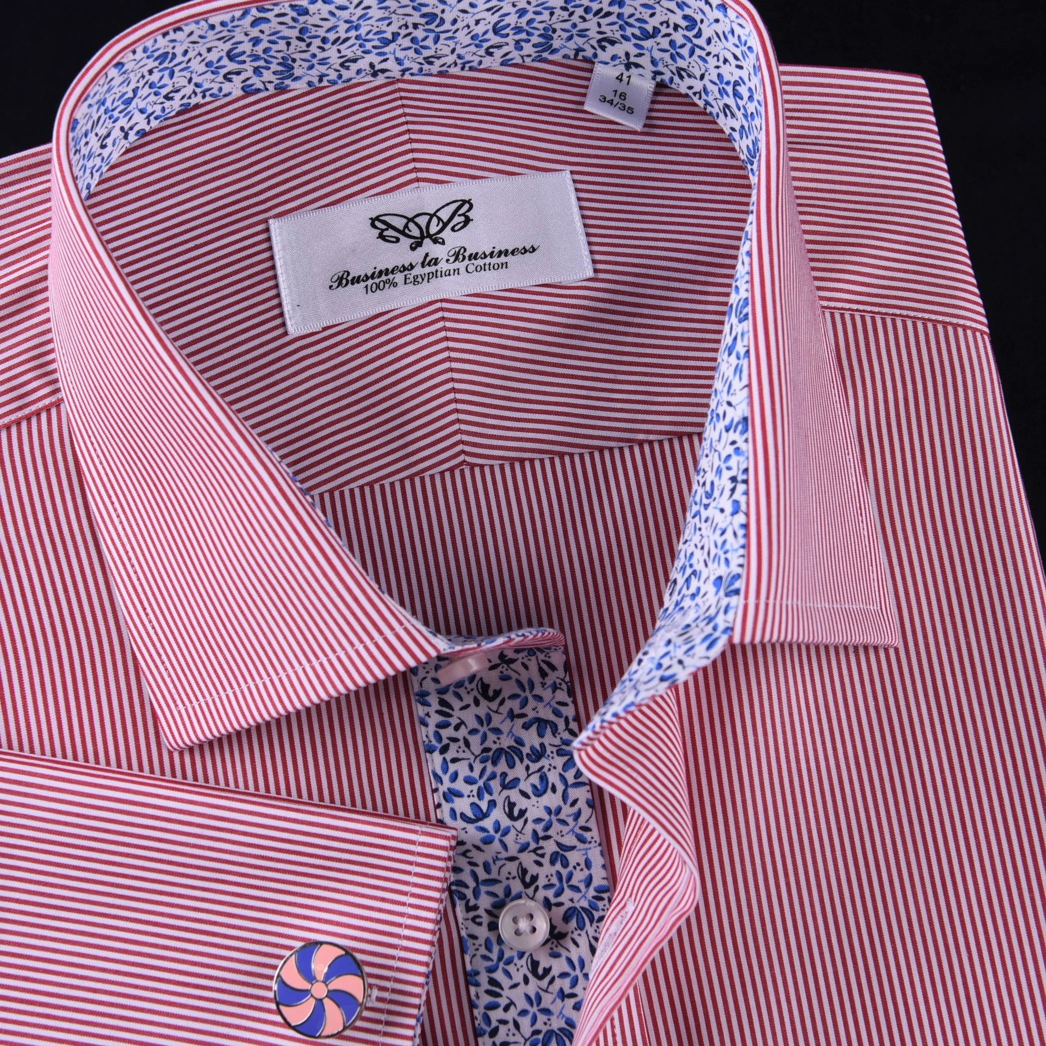 Mini Red Hairline Stripes Formal Business Dress Shirt Blue Floral Designer Style in Button Cuff with Spread Collar