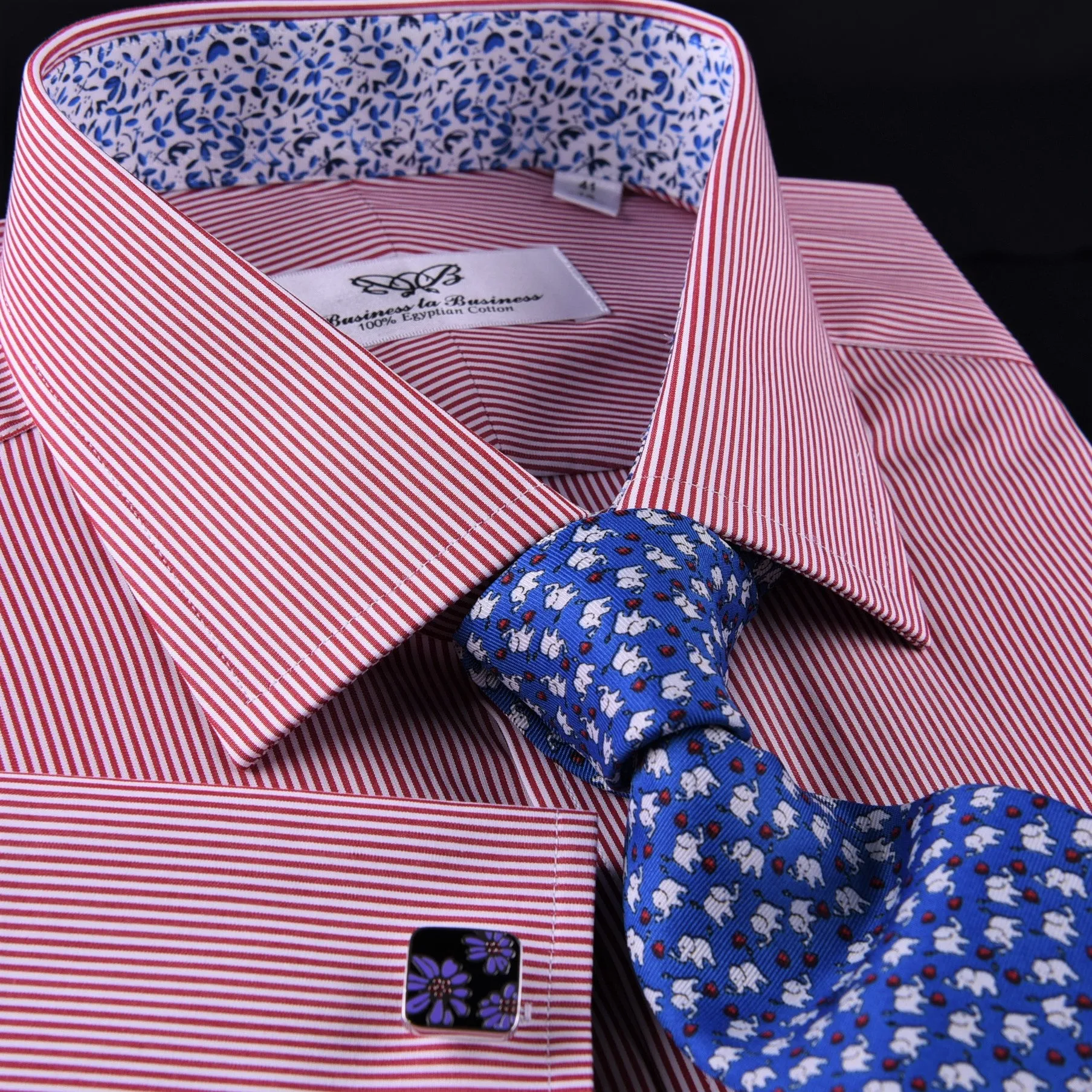 Mini Red Hairline Stripes Formal Business Dress Shirt Blue Floral Designer Style in Button Cuff with Spread Collar