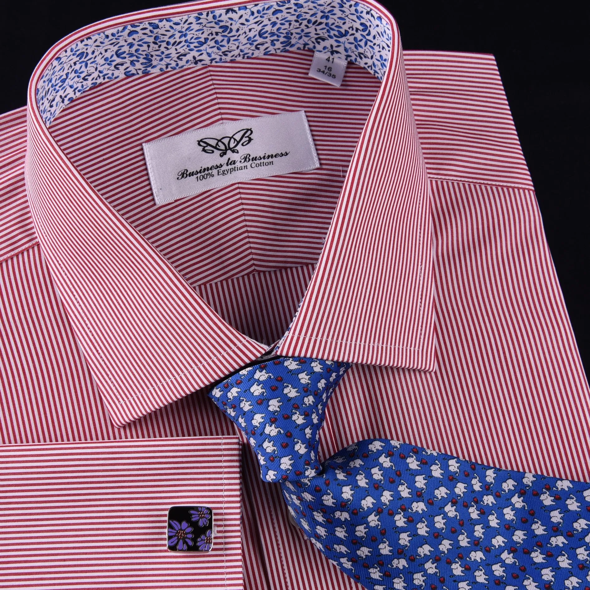 Mini Red Hairline Stripes Formal Business Dress Shirt Blue Floral Designer Style in Button Cuff with Spread Collar