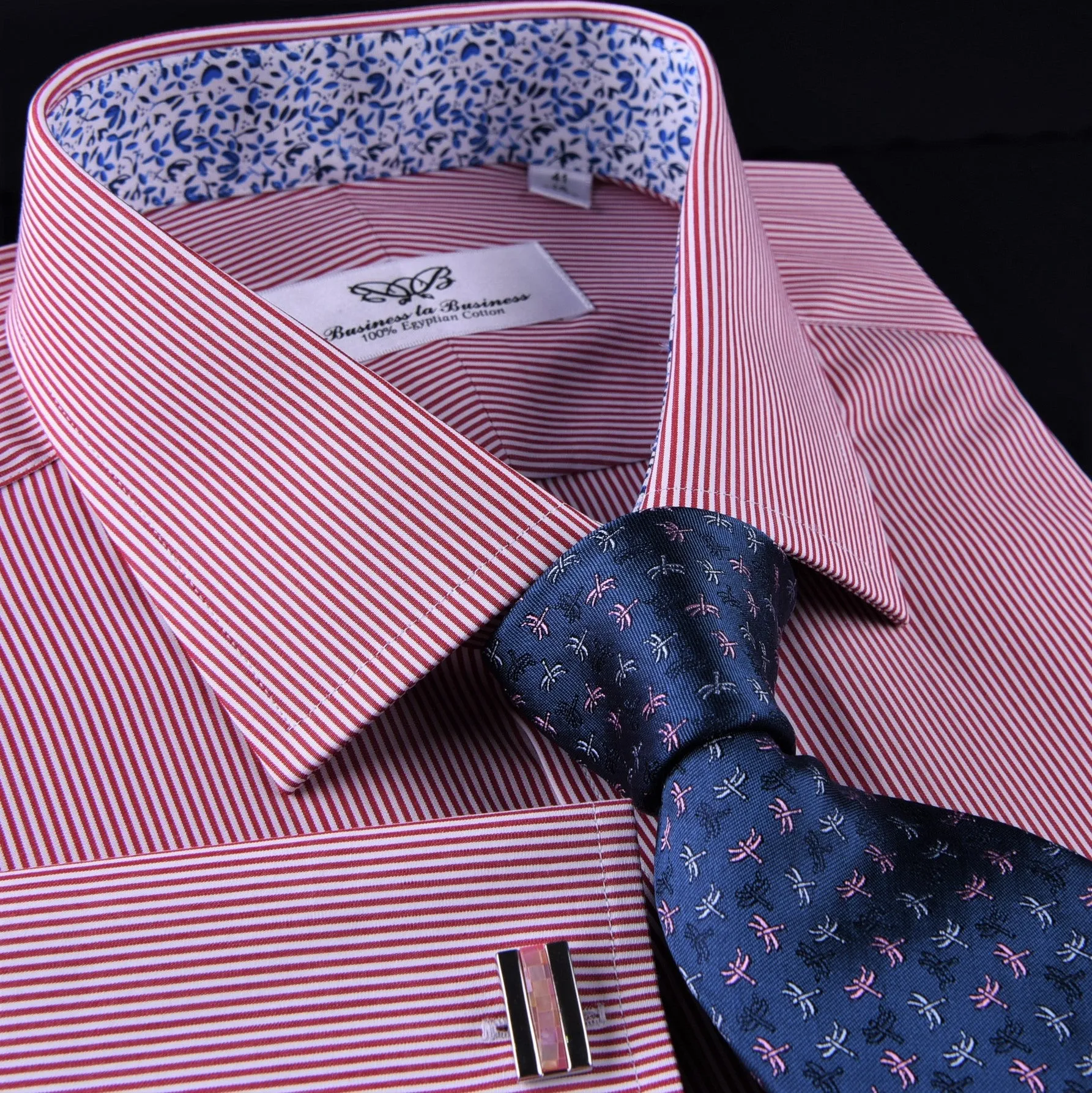 Mini Red Hairline Stripes Formal Business Dress Shirt Blue Floral Designer Style in Button Cuff with Spread Collar