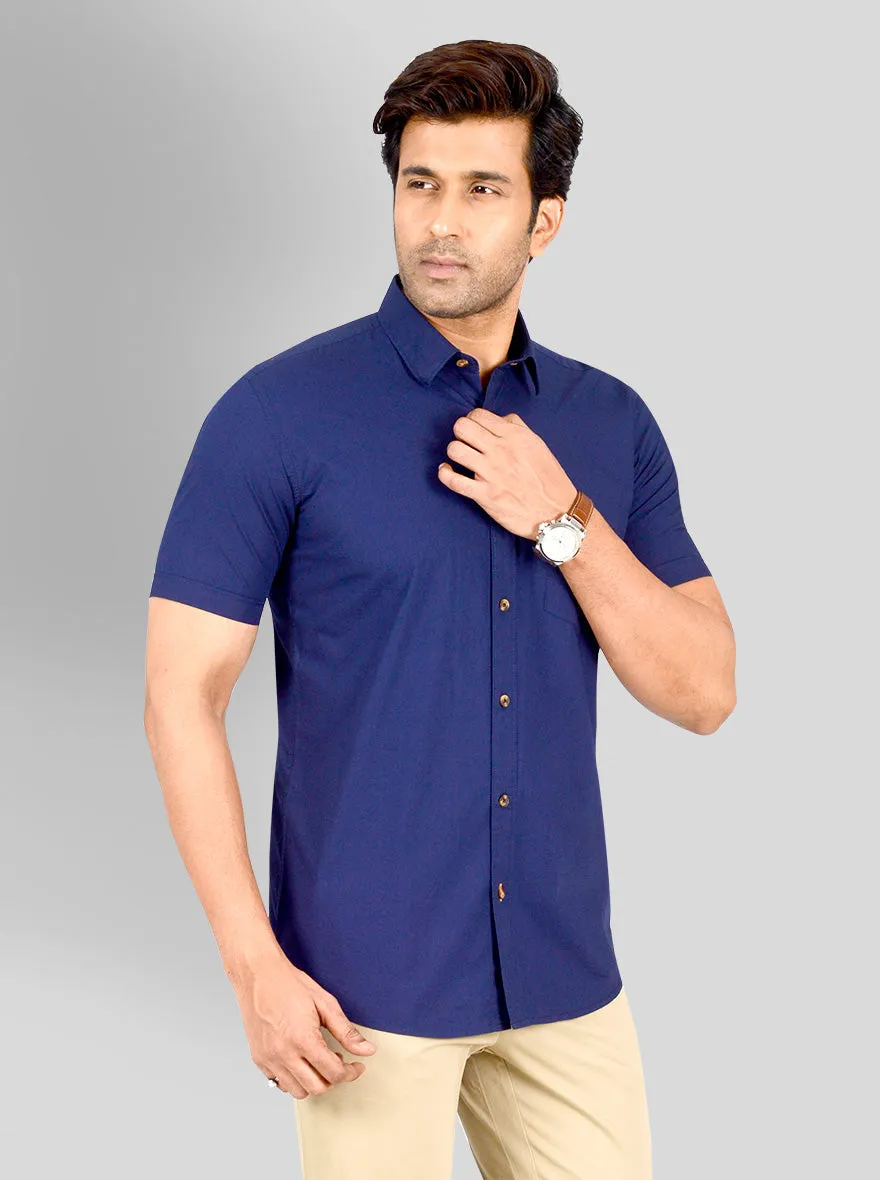 Navy Blue Solid Tailored Fit Casual Shirt | JadeBlue