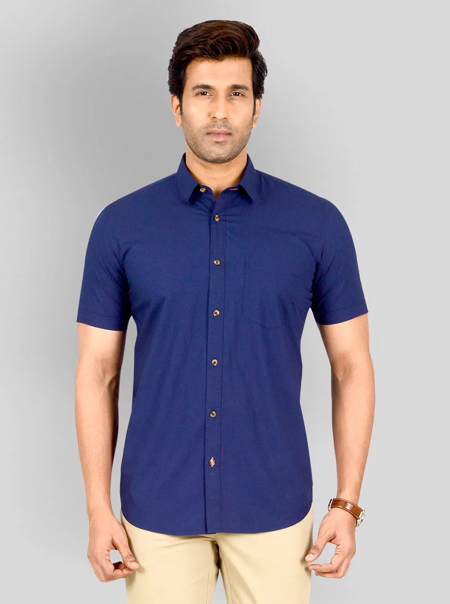 Navy Blue Solid Tailored Fit Casual Shirt | JadeBlue