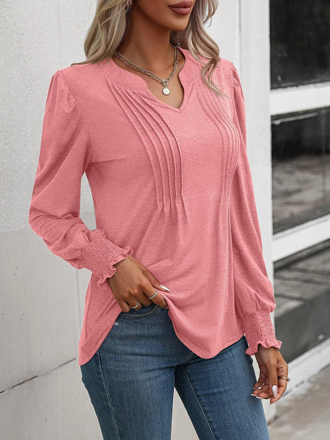 Notched Neck Puff Sleeve Blouse