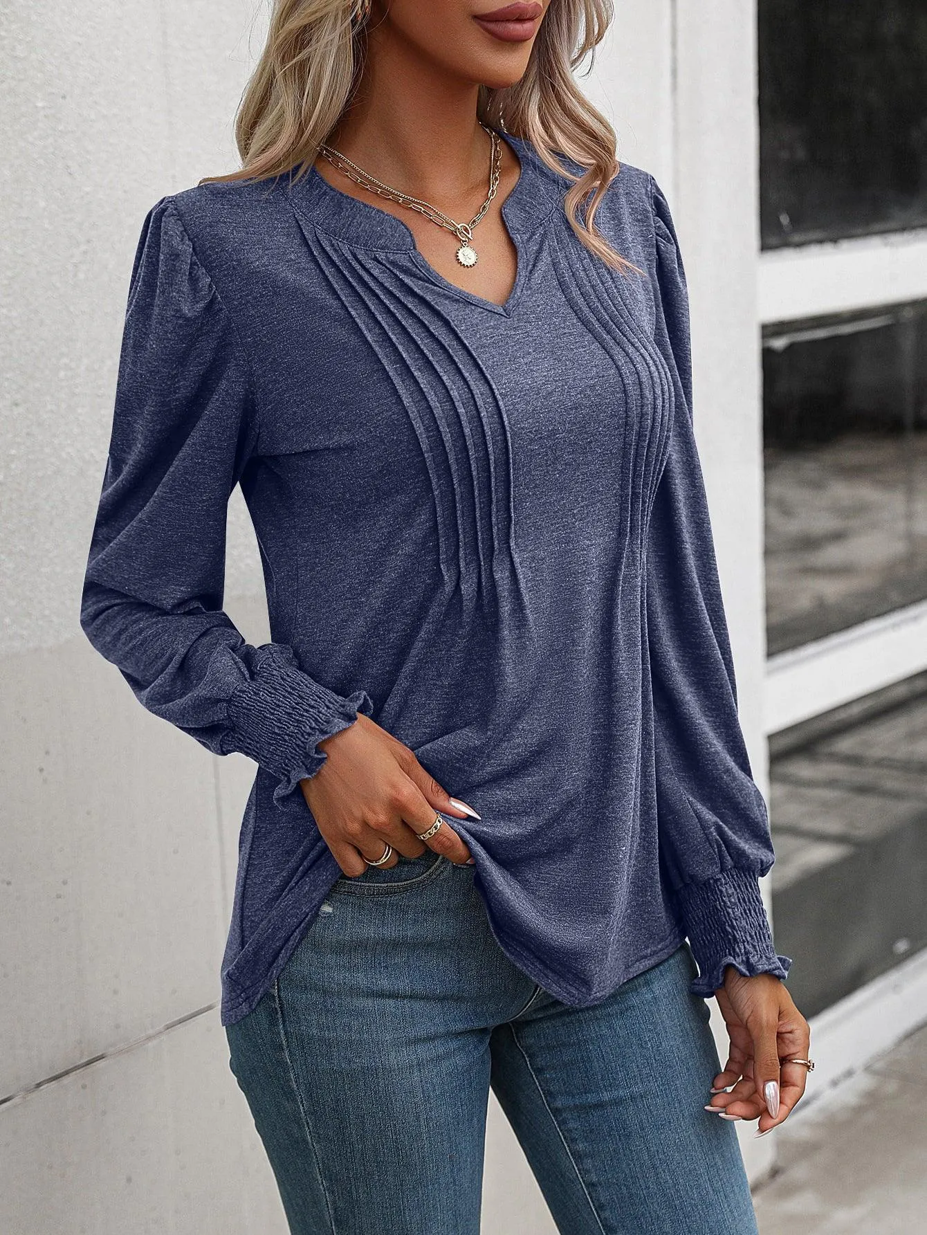 Notched Neck Puff Sleeve Blouse