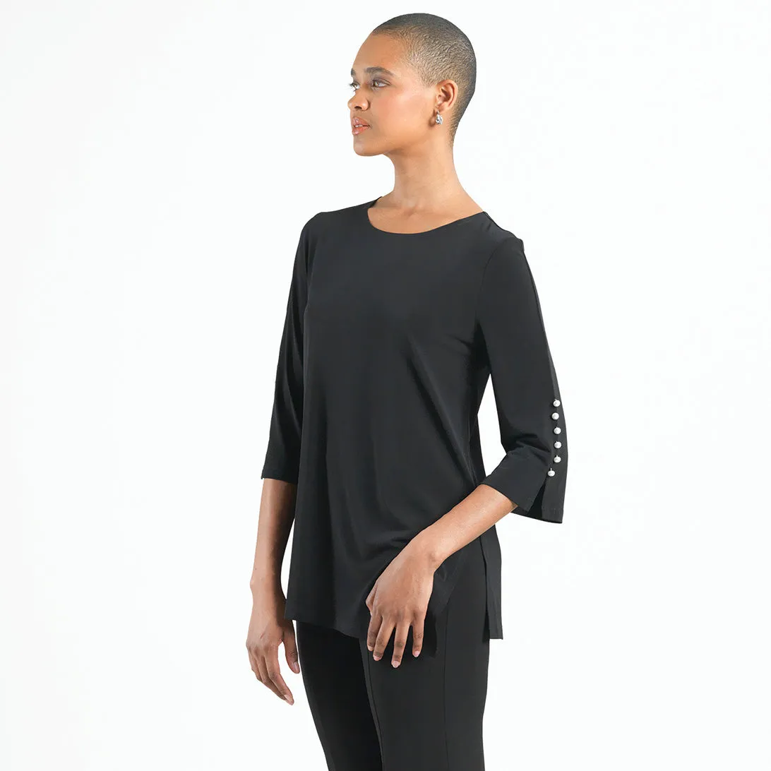 Pearl Cuff Asymmetrical Reverse Hi-Low Tunic - Black