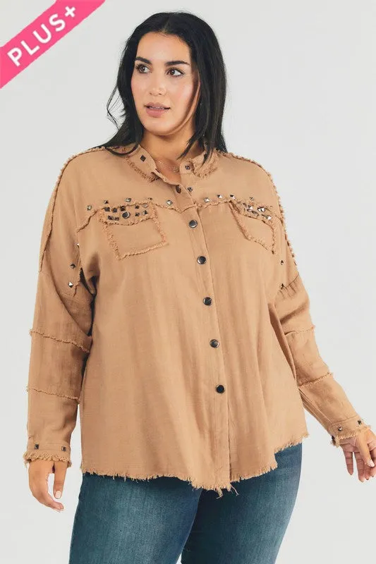 Plus Distressed hem button down oversize shirt