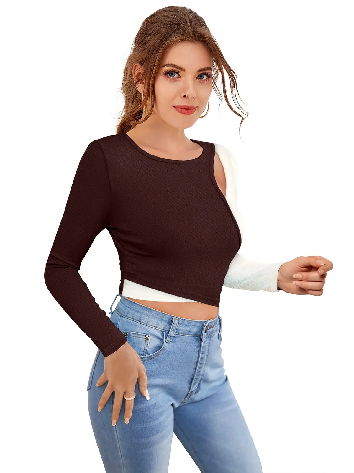 Polyester Blend Full Sleeve Crop Top-Cofee S Coffee