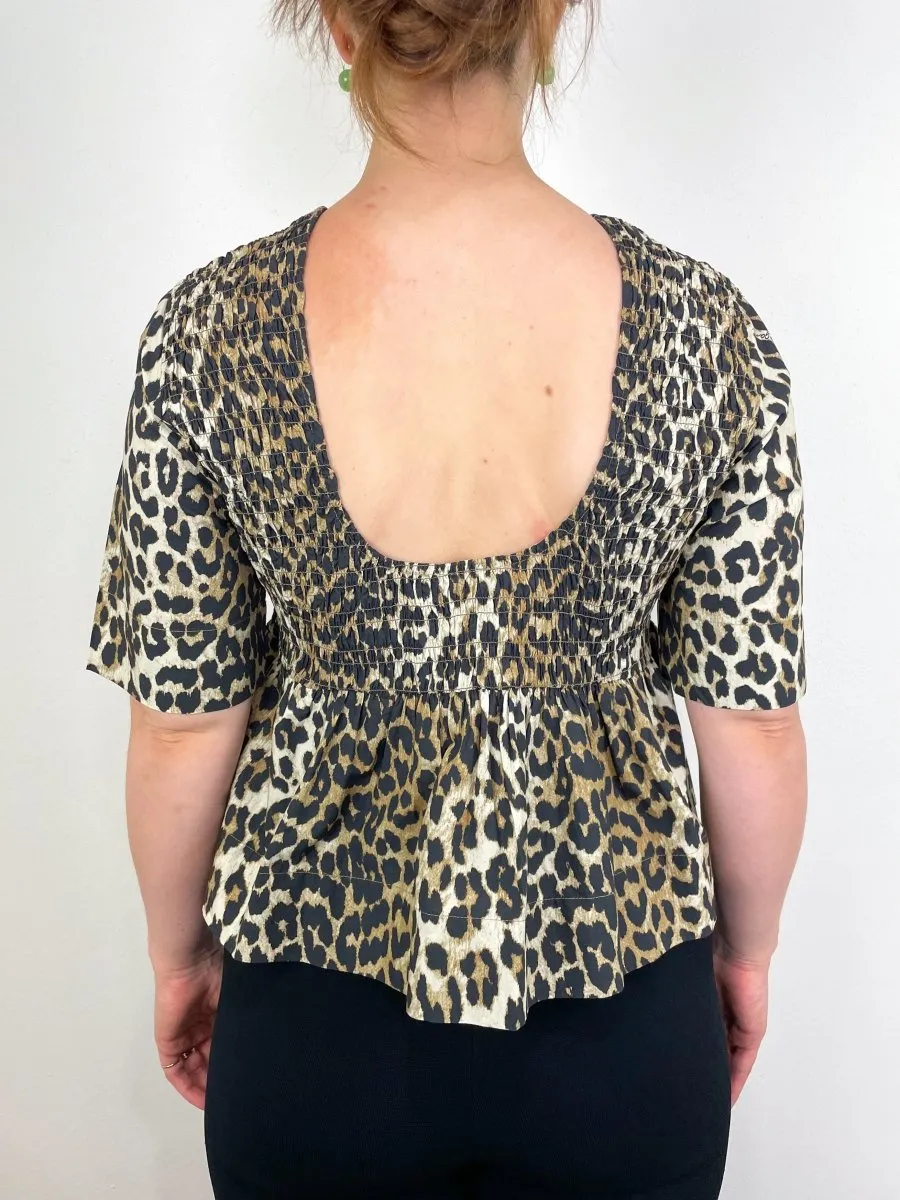 Printed Cotton Open Back Smock Blouse in Leopard