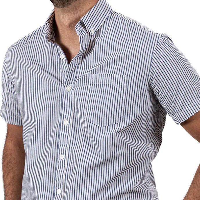 "KRAMDEN" - Indigo Blue & White Japanese Stripe Short Sleeve Shirt - Made In USA