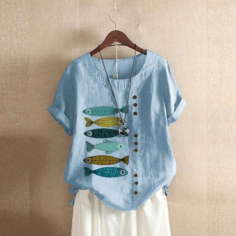 Retro cotton and linen print loose casual shirt