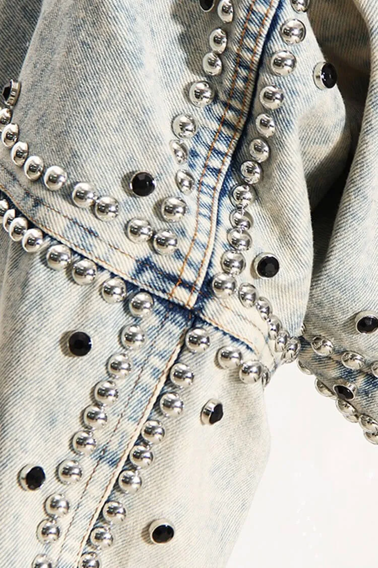 Retro Drop Shoulder Long Sleeve Open Front Studded Crop Denim Bolero Jacket