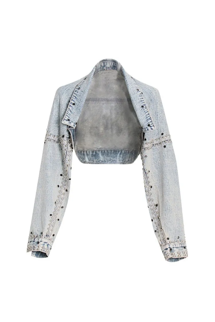 Retro Drop Shoulder Long Sleeve Open Front Studded Crop Denim Bolero Jacket