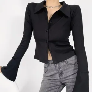 Retro Single-breasted Flare Slim Short Purple Black Tops Blouse