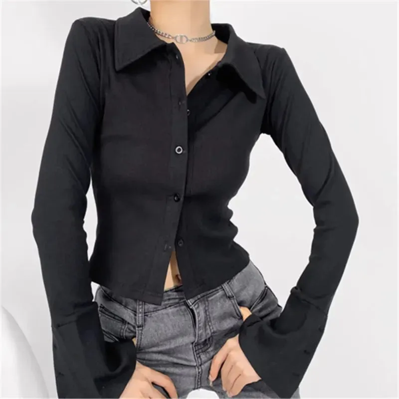 Retro Single-breasted Flare Slim Short Purple Black Tops Blouse