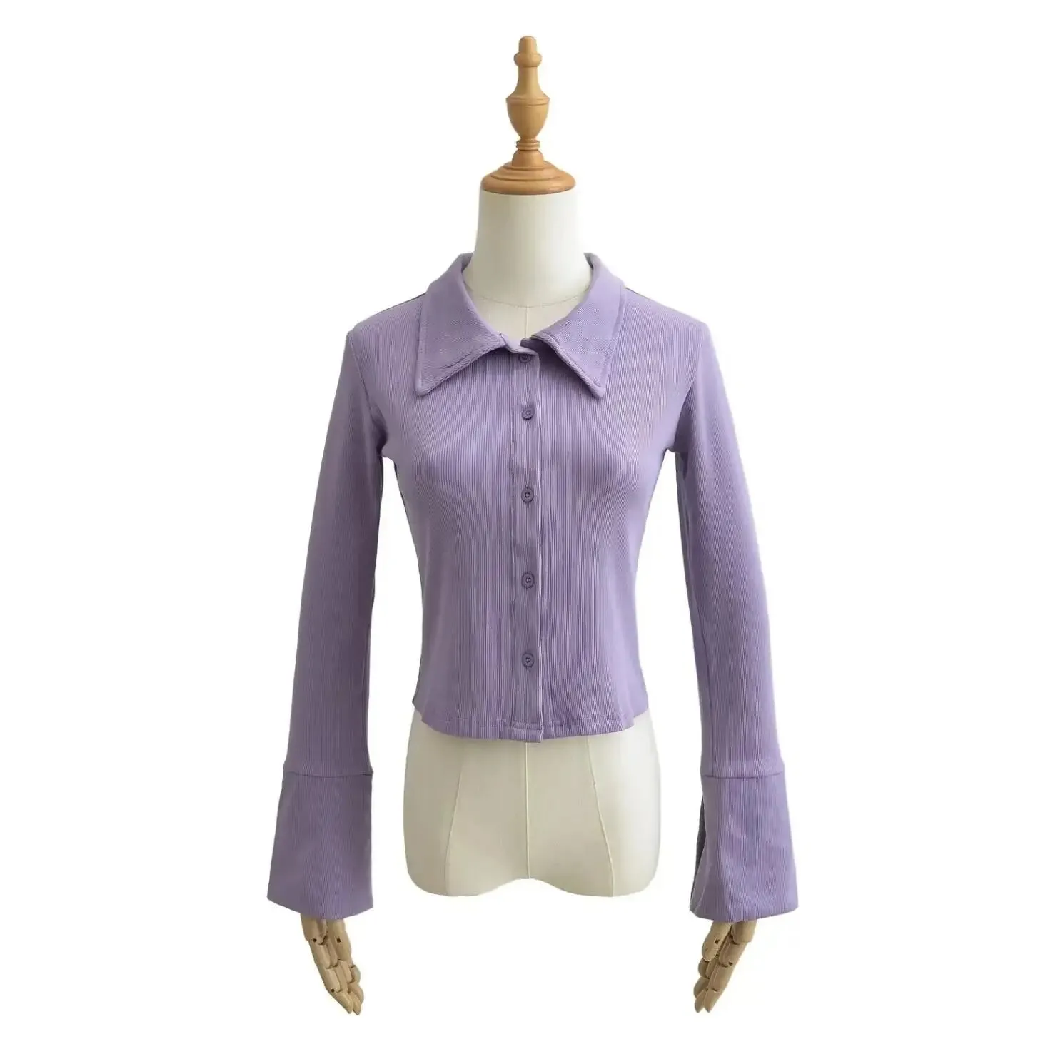 Retro Single-breasted Flare Slim Short Purple Black Tops Blouse