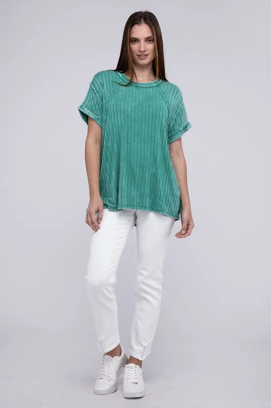 Ribbed Raglan Dolman Sleeve Boat-Neck Top