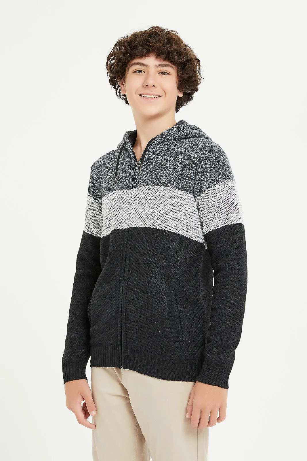 Senior Boys Black Strip Cardigan