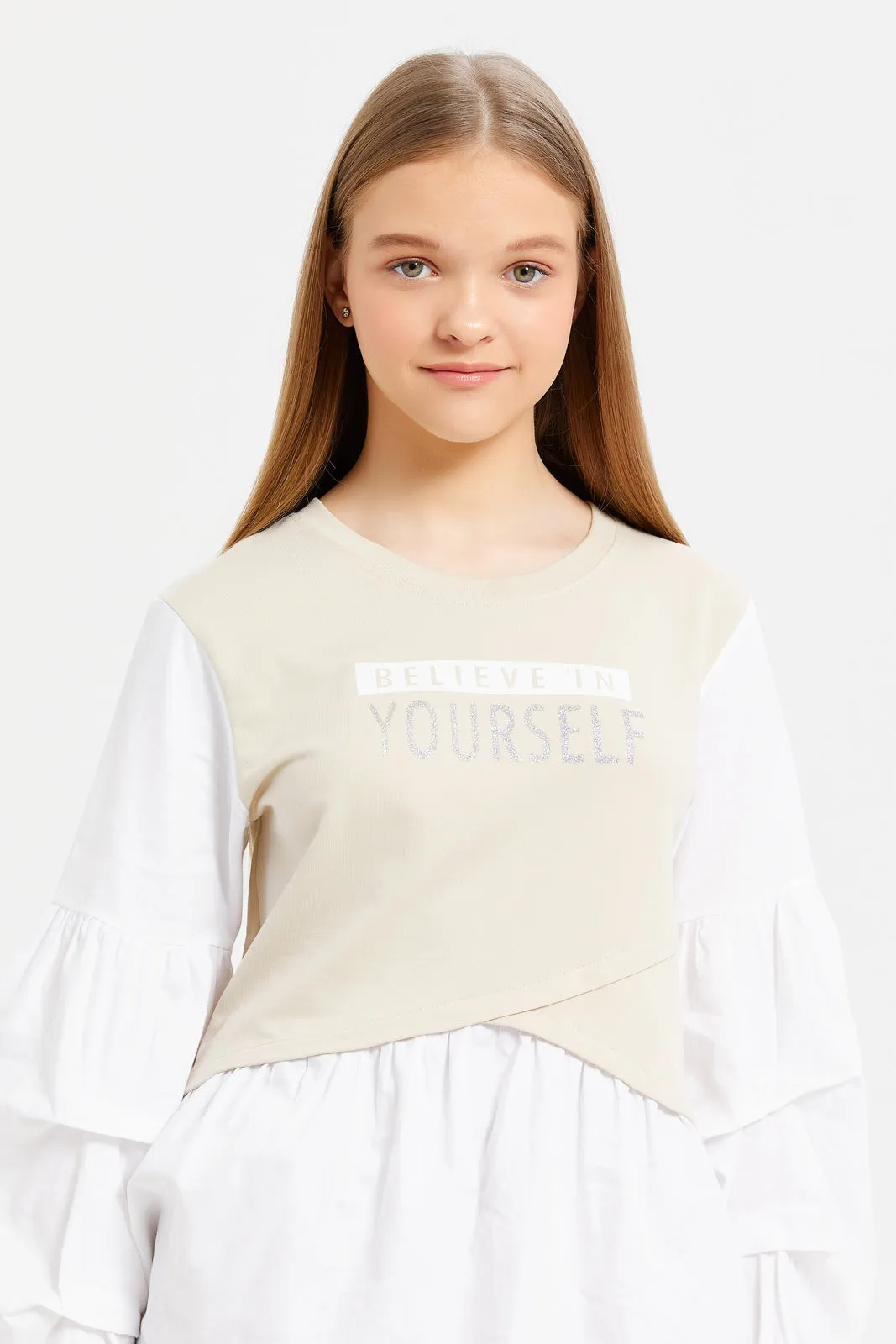 Senior Girls Cream And White Balloon Sleeve Blouse