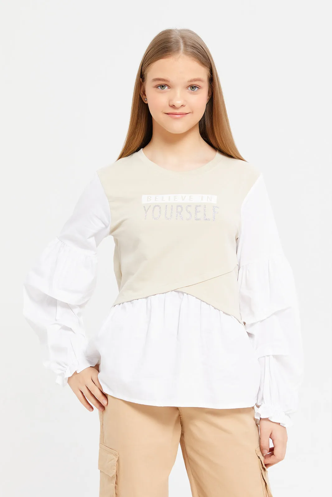 Senior Girls Cream And White Balloon Sleeve Blouse