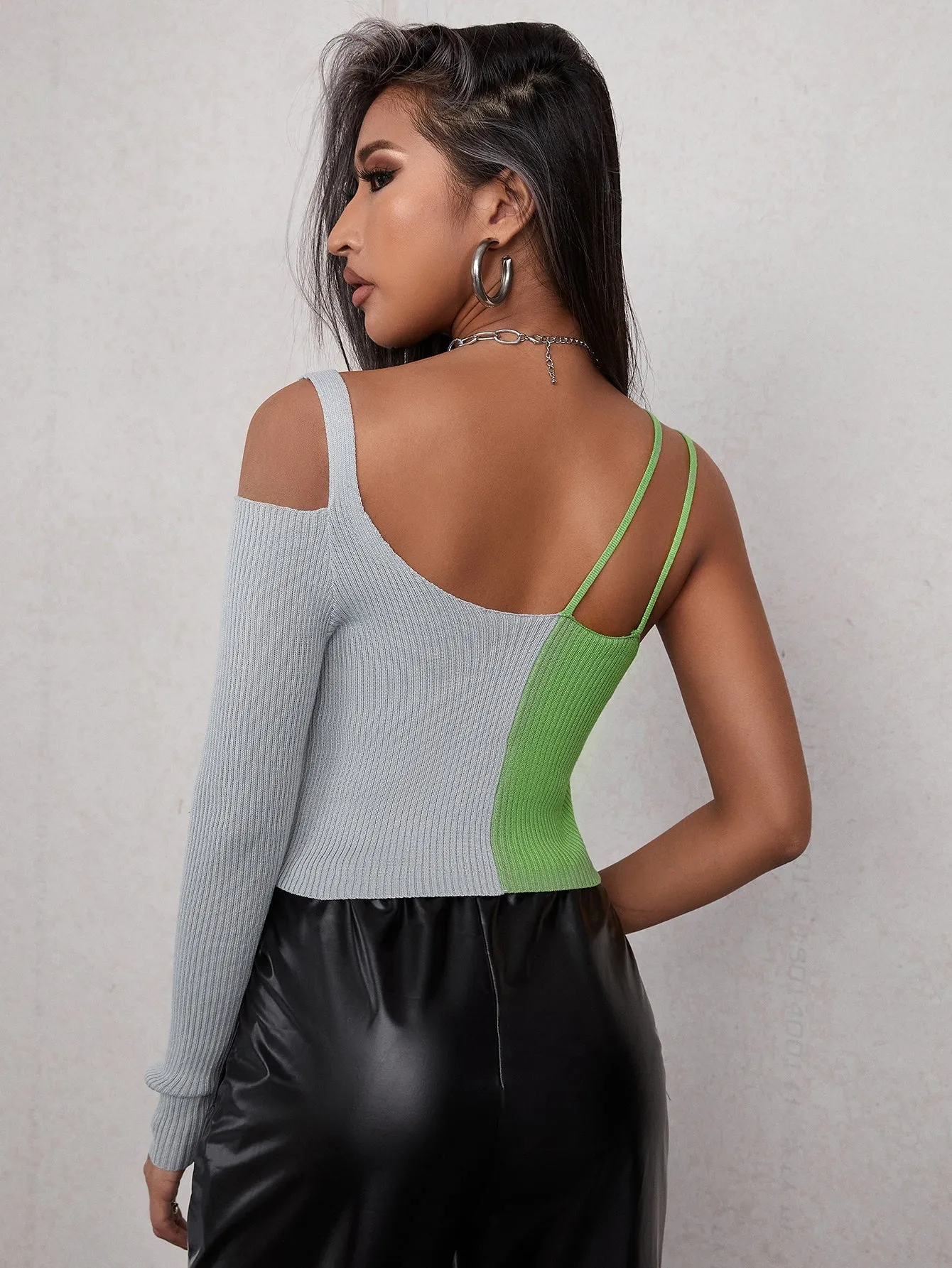 Sexy Colorblock Button Front Long Sleeve Asymmetrical Neck Semi-Sheer Crop Women Cardigan