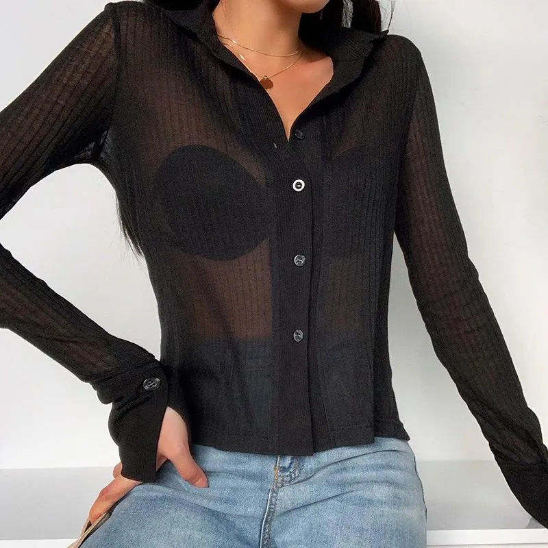 Sexy see-through pit striped long-sleeved top