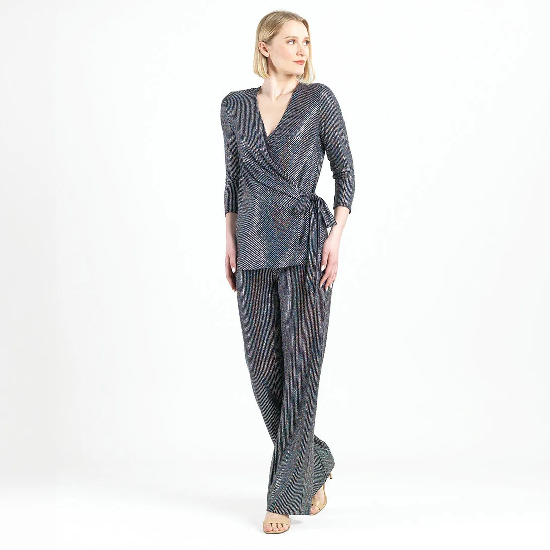 Shimmer Sequin - Faux Wrap Side Tie Tunic - Silver Pinstripe