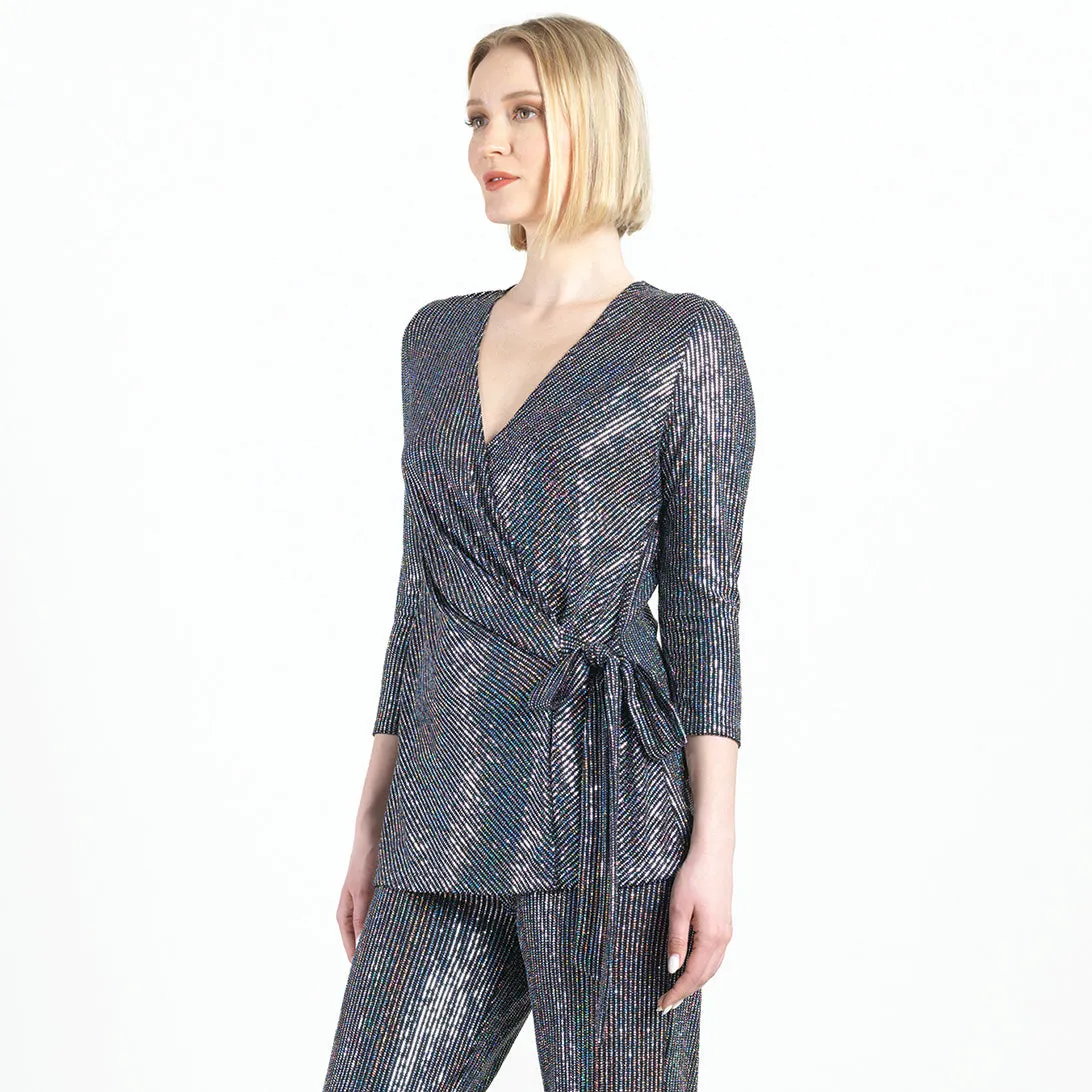 Shimmer Sequin - Faux Wrap Side Tie Tunic - Silver Pinstripe