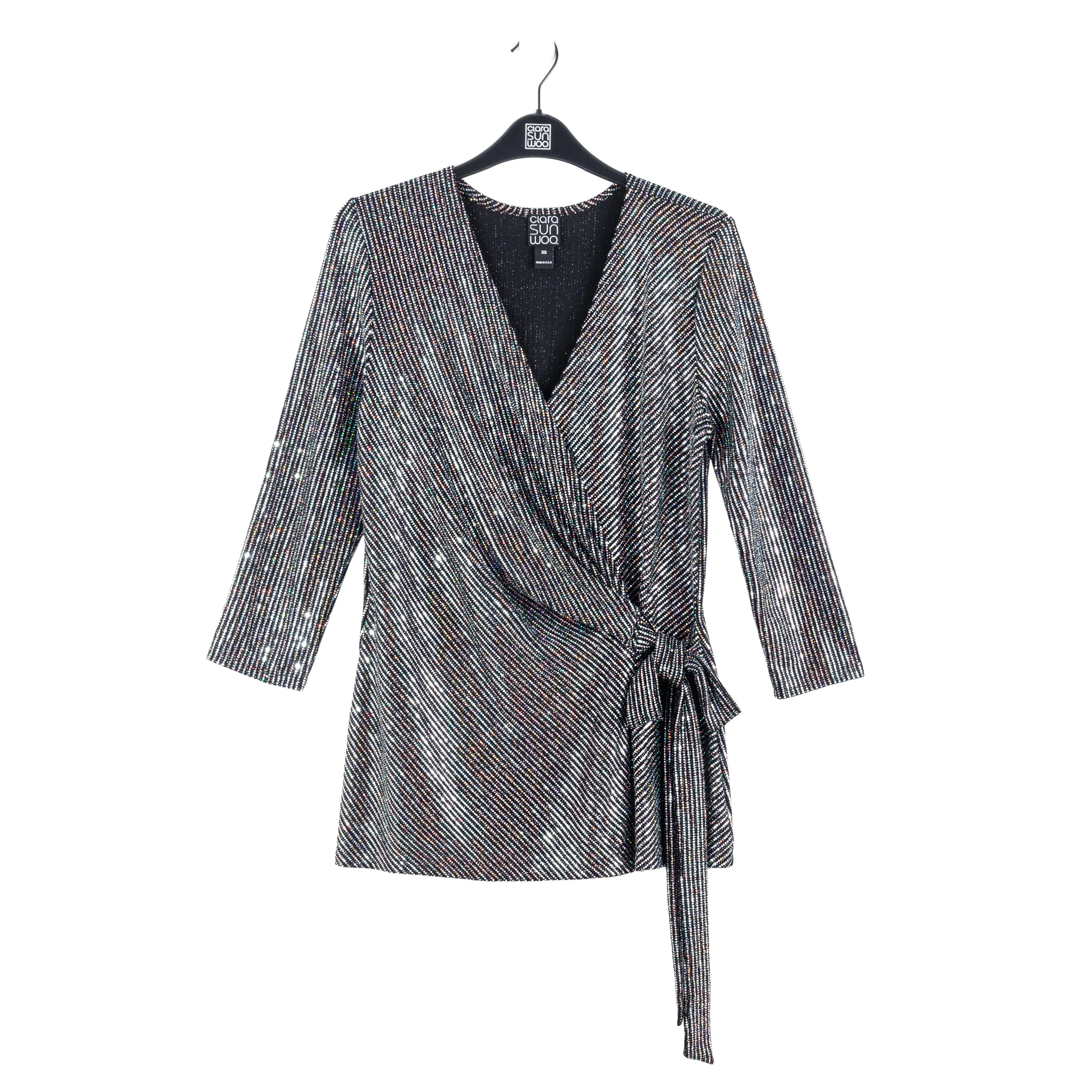 Shimmer Sequin - Faux Wrap Side Tie Tunic - Silver Pinstripe