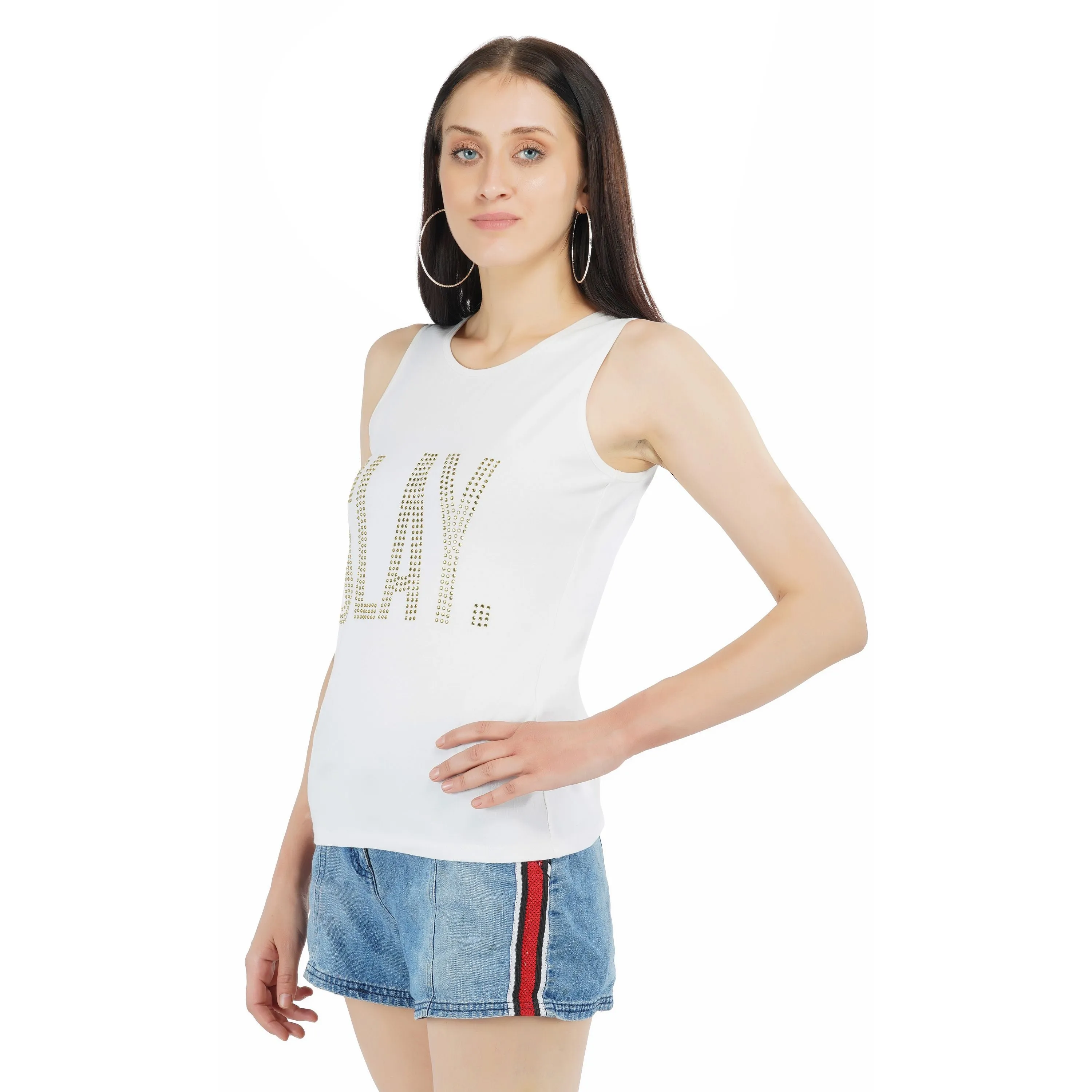 SLAY. Women's Gold Crystal Embellished Tank Top