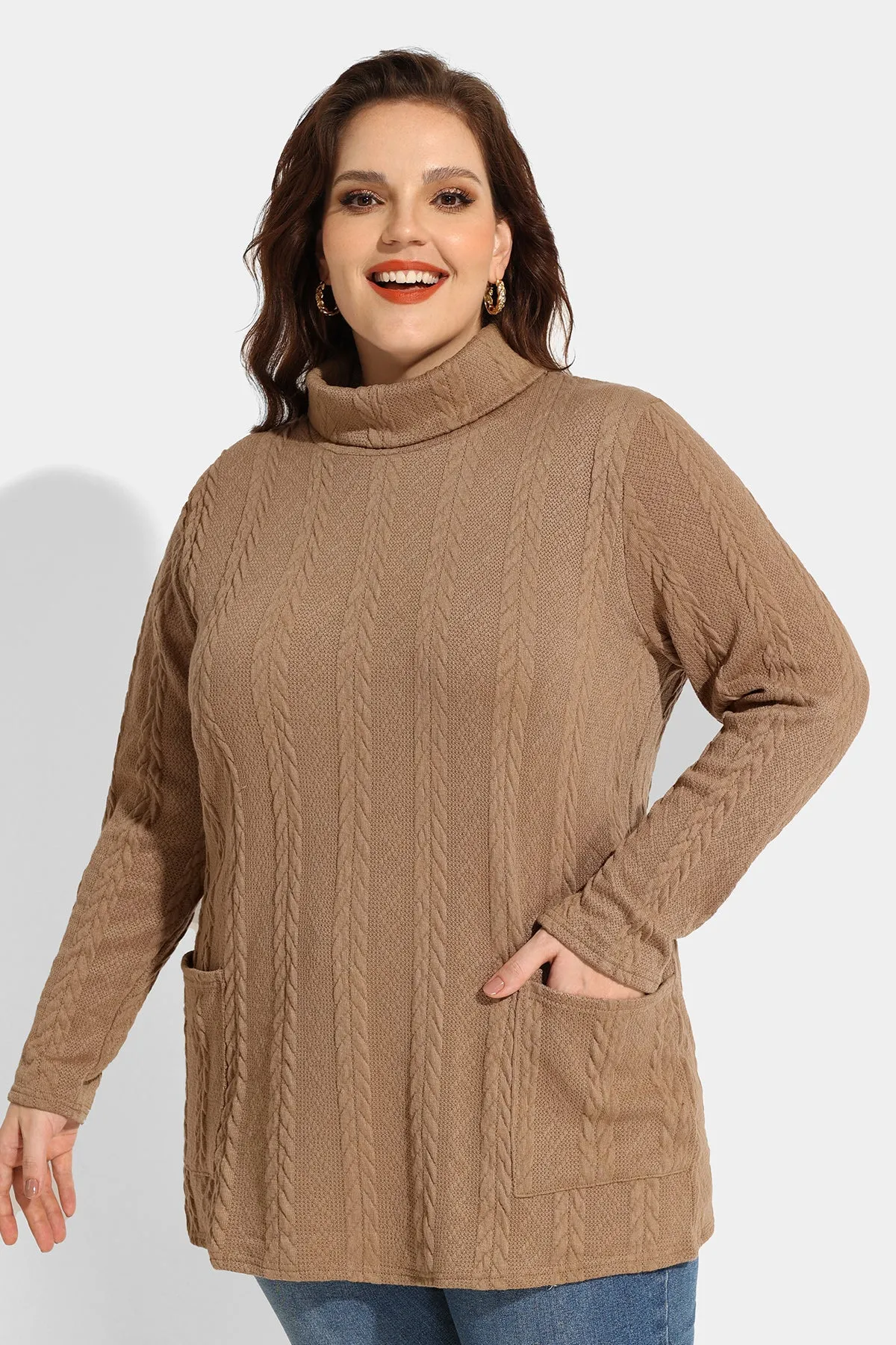 Texture Knit Cowl Neck Pockets Long Sleeve Shirts