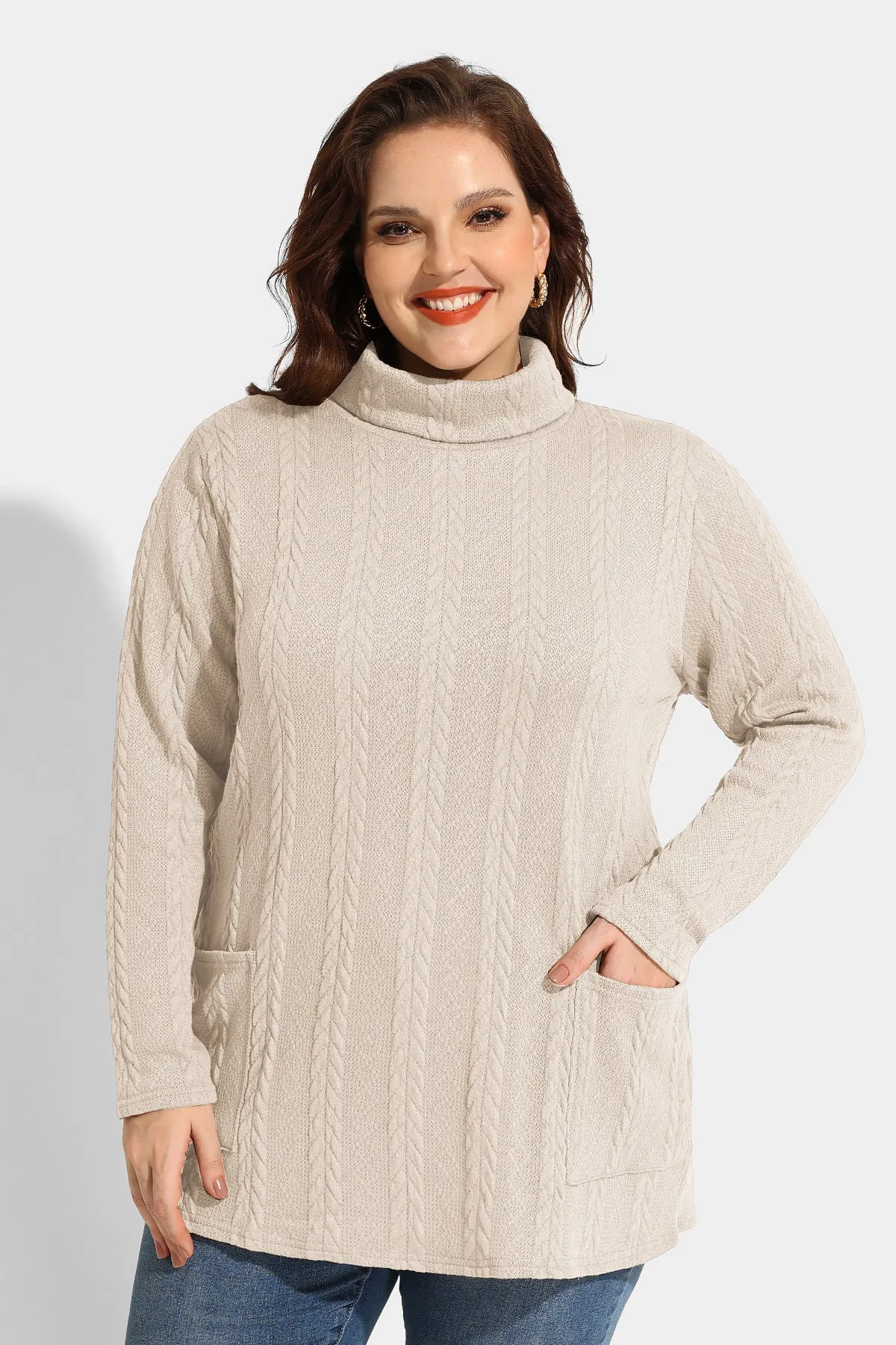 Texture Knit Cowl Neck Pockets Long Sleeve Shirts