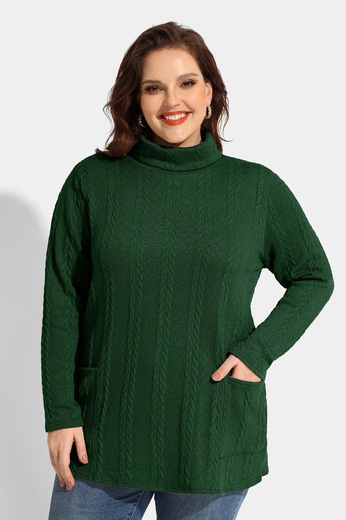 Texture Knit Cowl Neck Pockets Long Sleeve Shirts