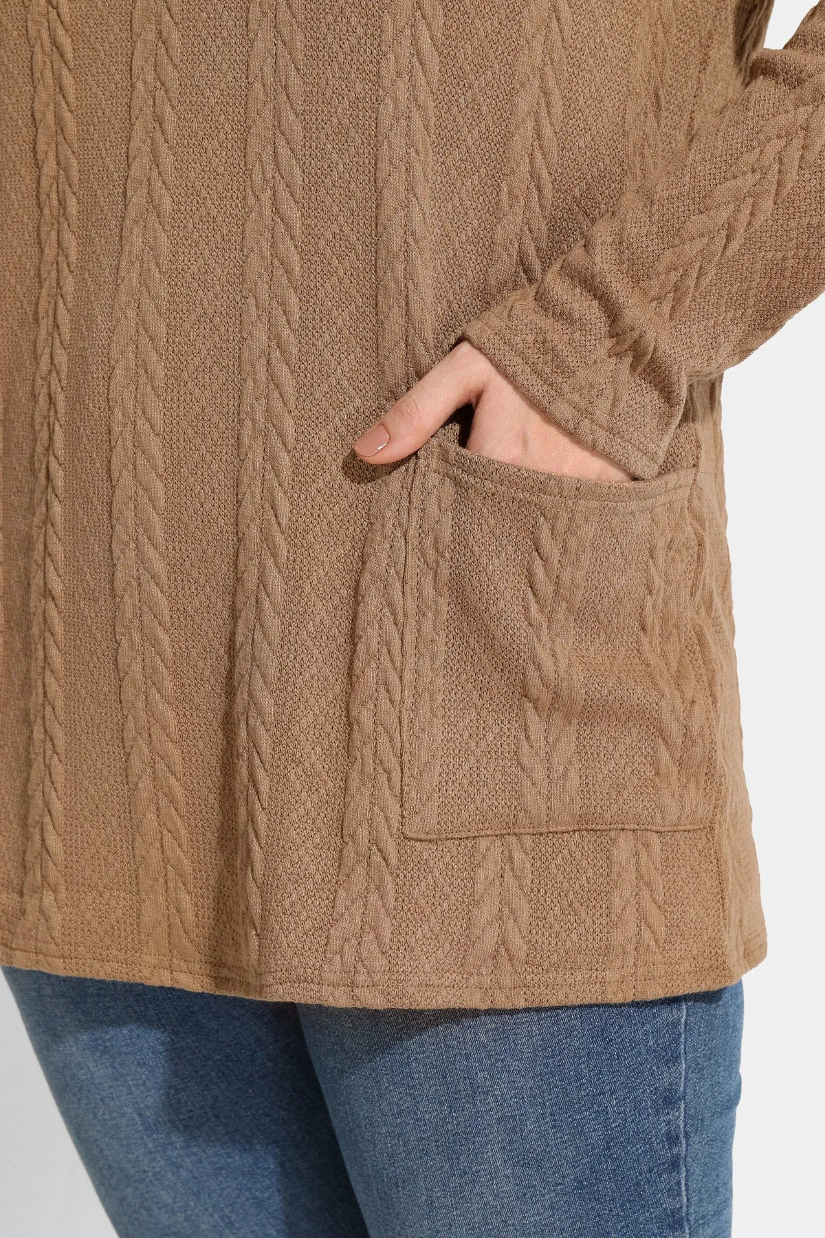 Texture Knit Cowl Neck Pockets Long Sleeve Shirts