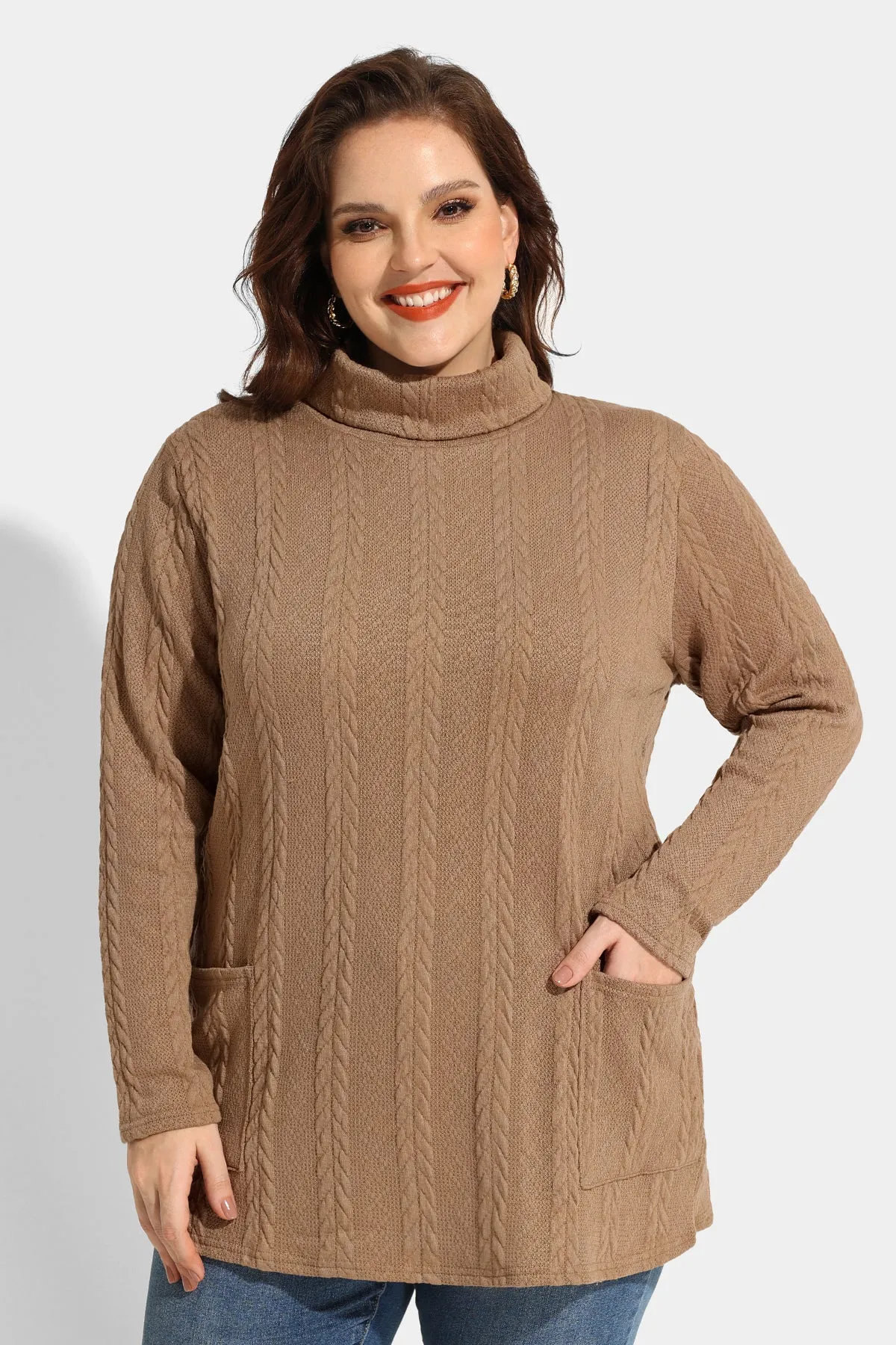 Texture Knit Cowl Neck Pockets Long Sleeve Shirts