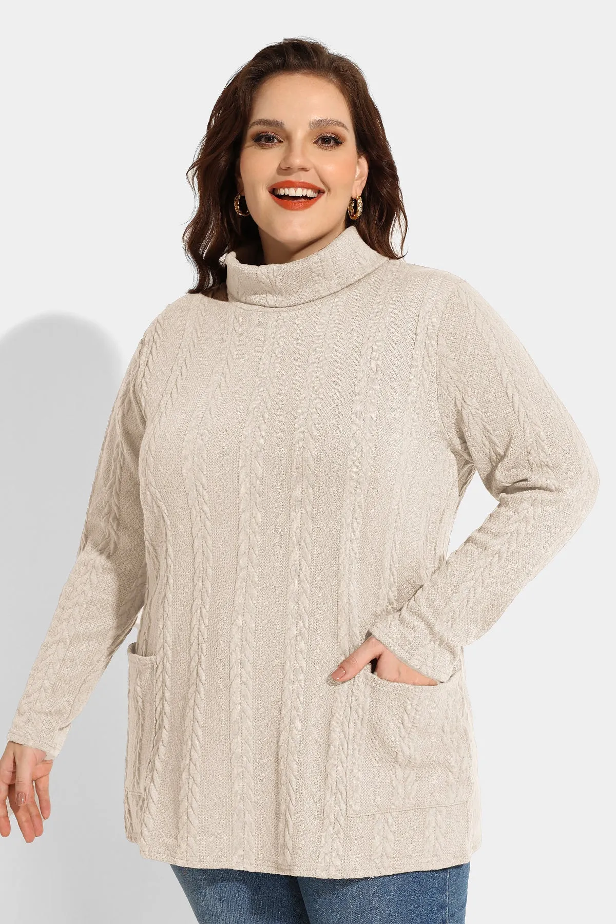 Texture Knit Cowl Neck Pockets Long Sleeve Shirts