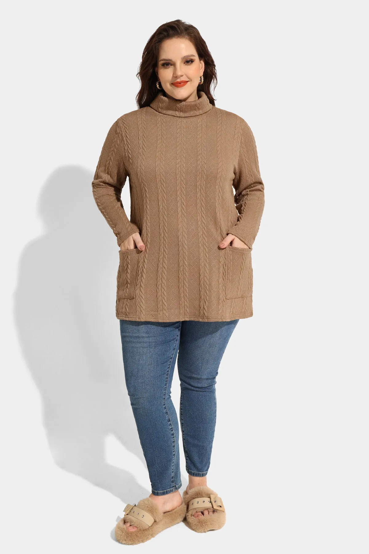 Texture Knit Cowl Neck Pockets Long Sleeve Shirts