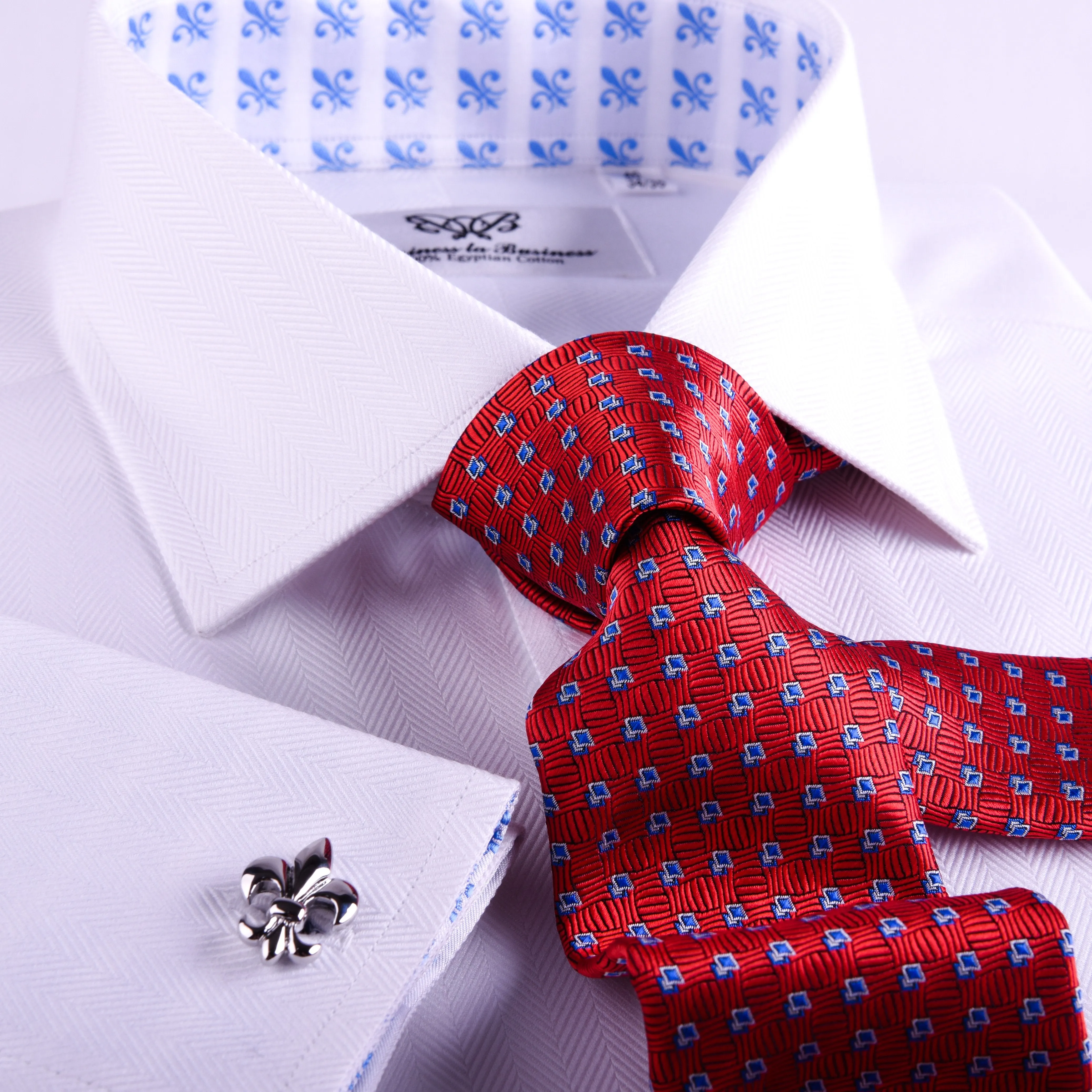 The White Herringbone Formal Business Dress Shirt Blue Fleur-De-Lis Fashion