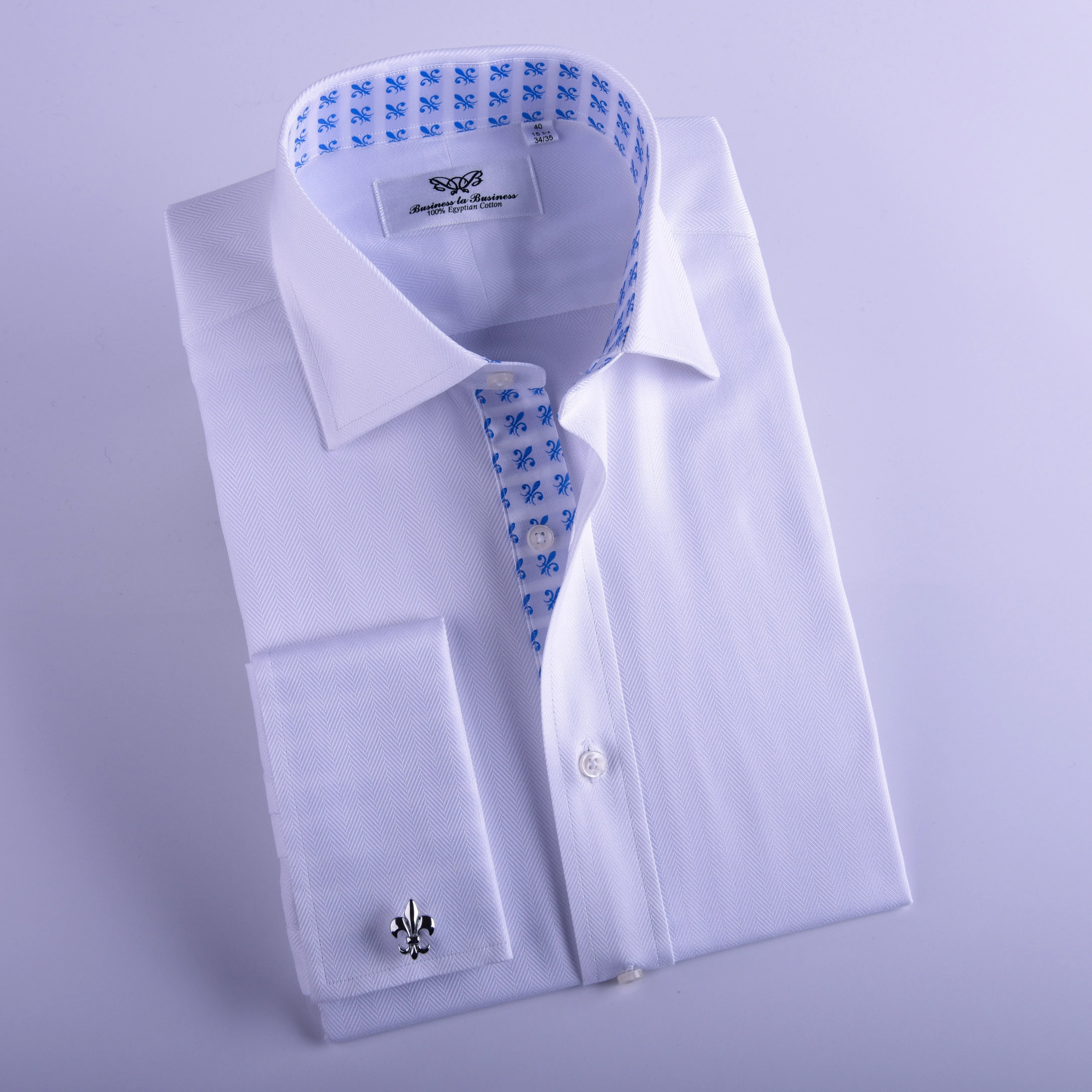 The White Herringbone Formal Business Dress Shirt Blue Fleur-De-Lis Fashion