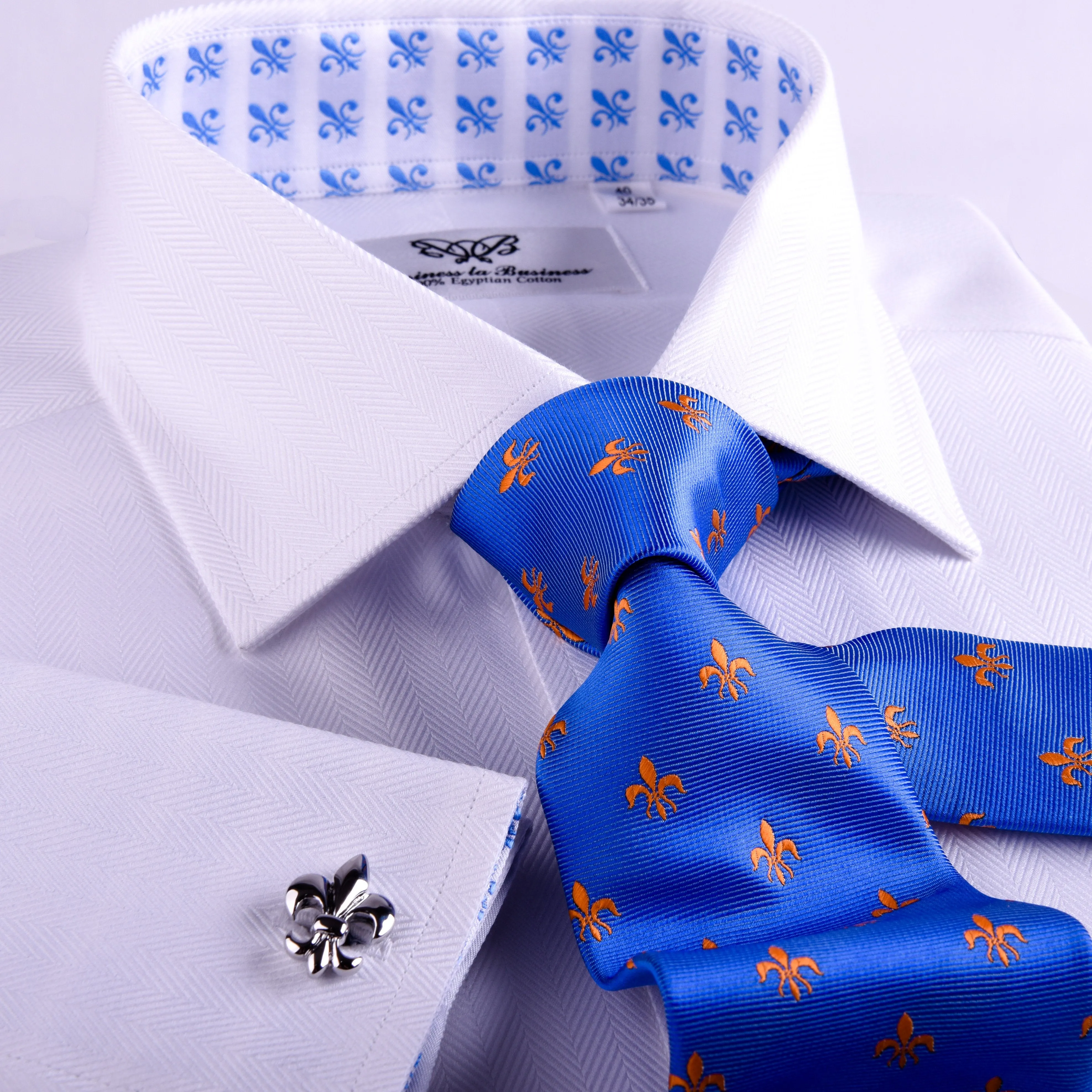 The White Herringbone Formal Business Dress Shirt Blue Fleur-De-Lis Fashion