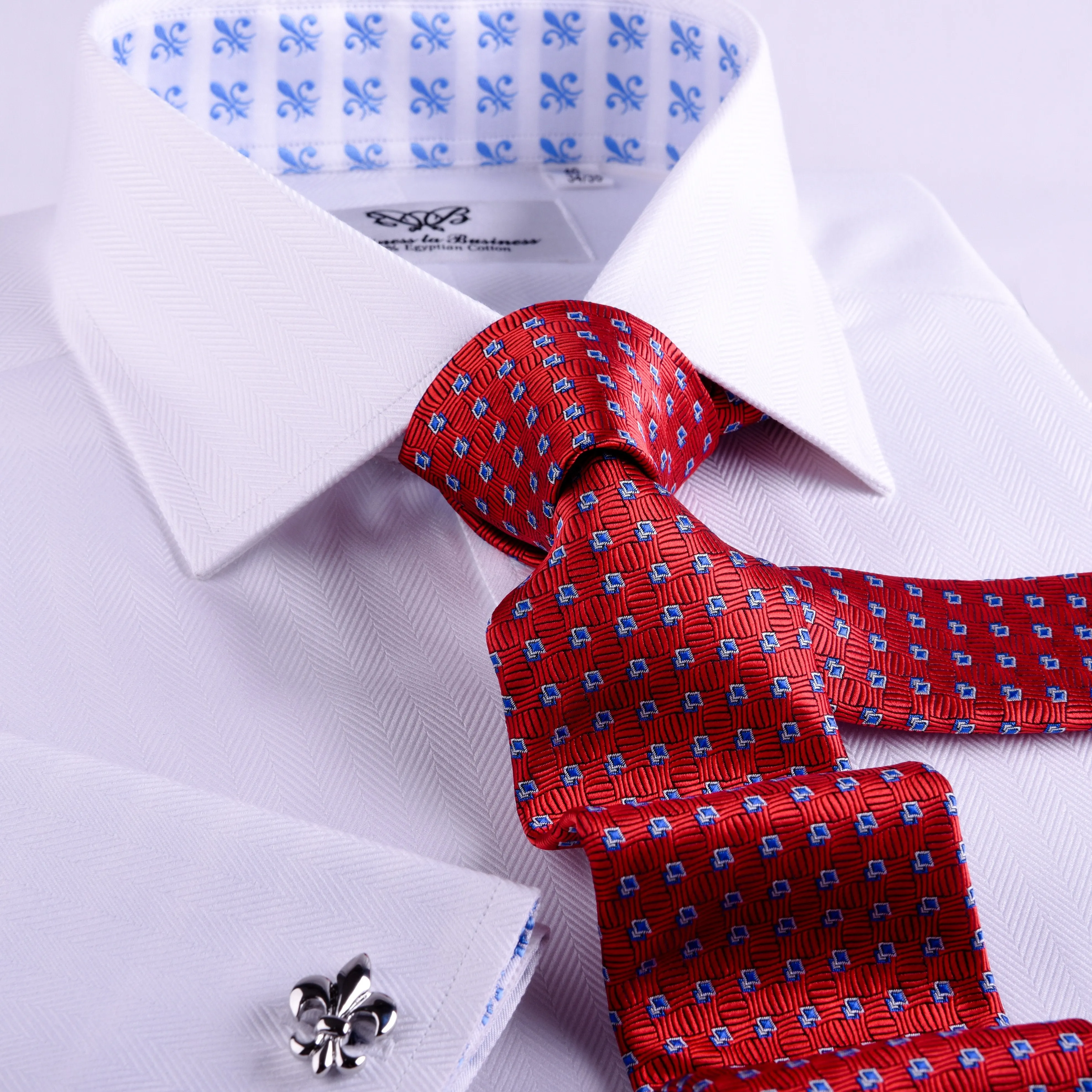 The White Herringbone Formal Business Dress Shirt Blue Fleur-De-Lis Fashion